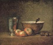 Jean Baptiste Simeon Chardin Three apple two millet bowls and silver wine class oil painting artist